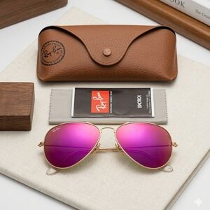 Ray-Ban Gold Frame Sunglasses with Purple Lenses 58mm